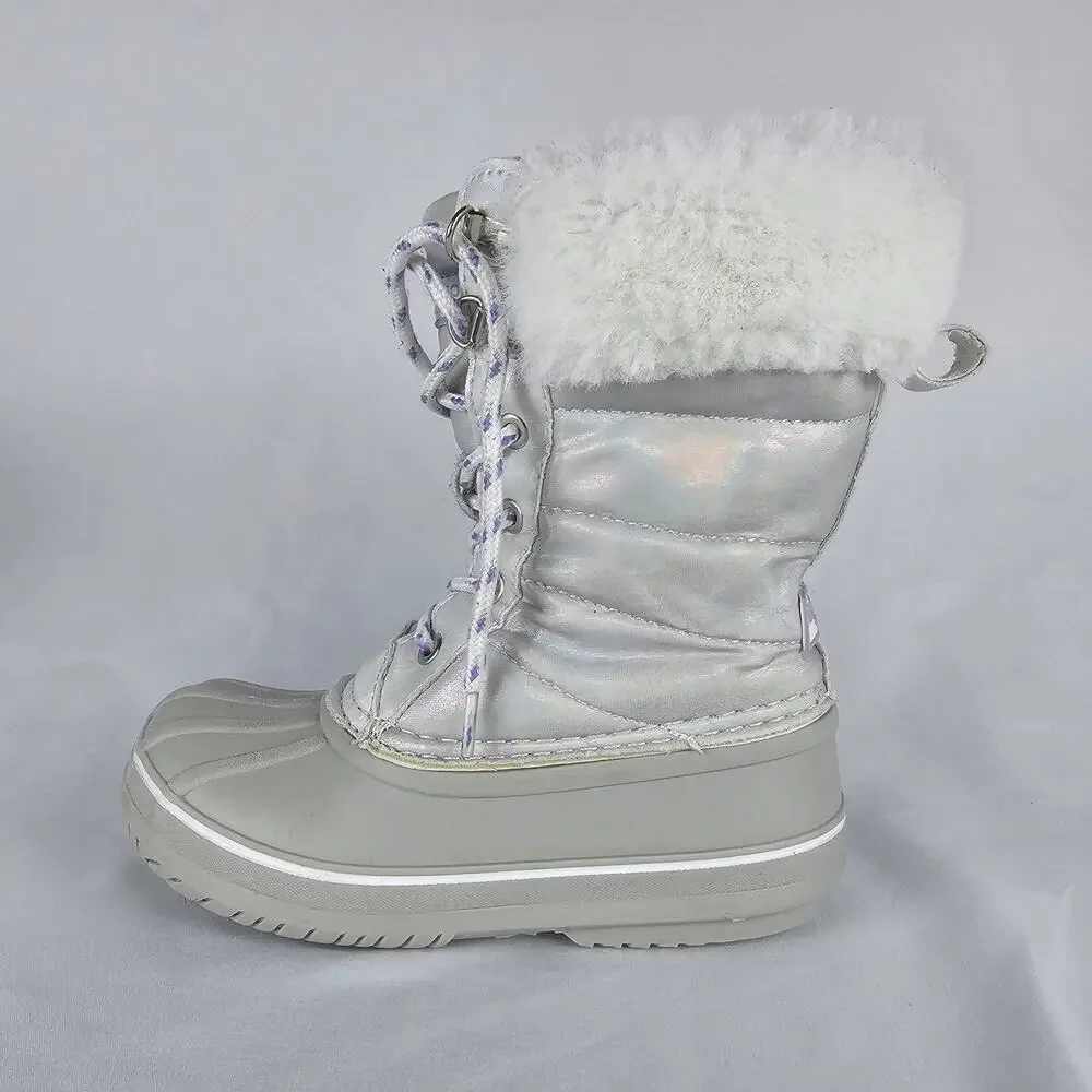 London Fog Girls Bell Court Winter Snow Boots Silver Iridescent Faux Fur Size 12